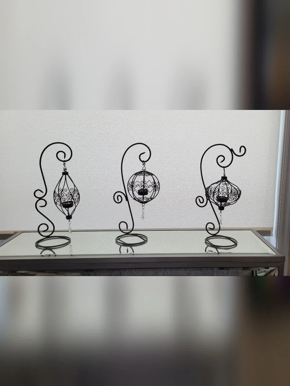 Vintage Tabletop Tealight Candle Lanterns with S Scrolling Design. Wrought Iron